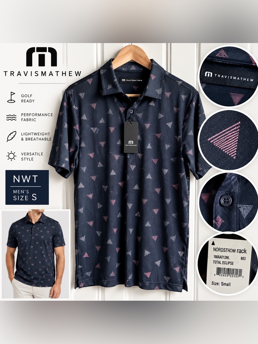 NWT TravisMathew Men’s Small Navy Geometric Golf Polo Shirt Total Eclipse